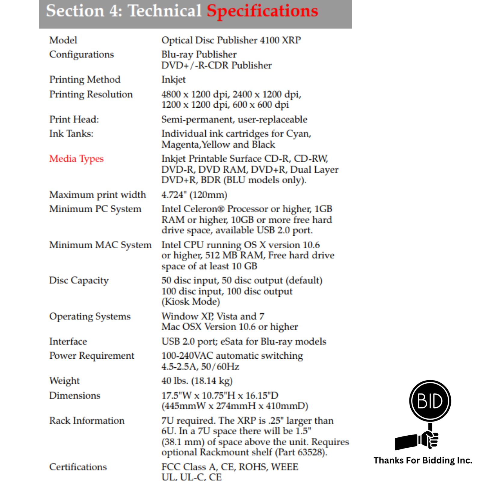 DVD Disc Publisher Primera Technology BRAVO 4102 XRP DVD Disc Publisher Specifications